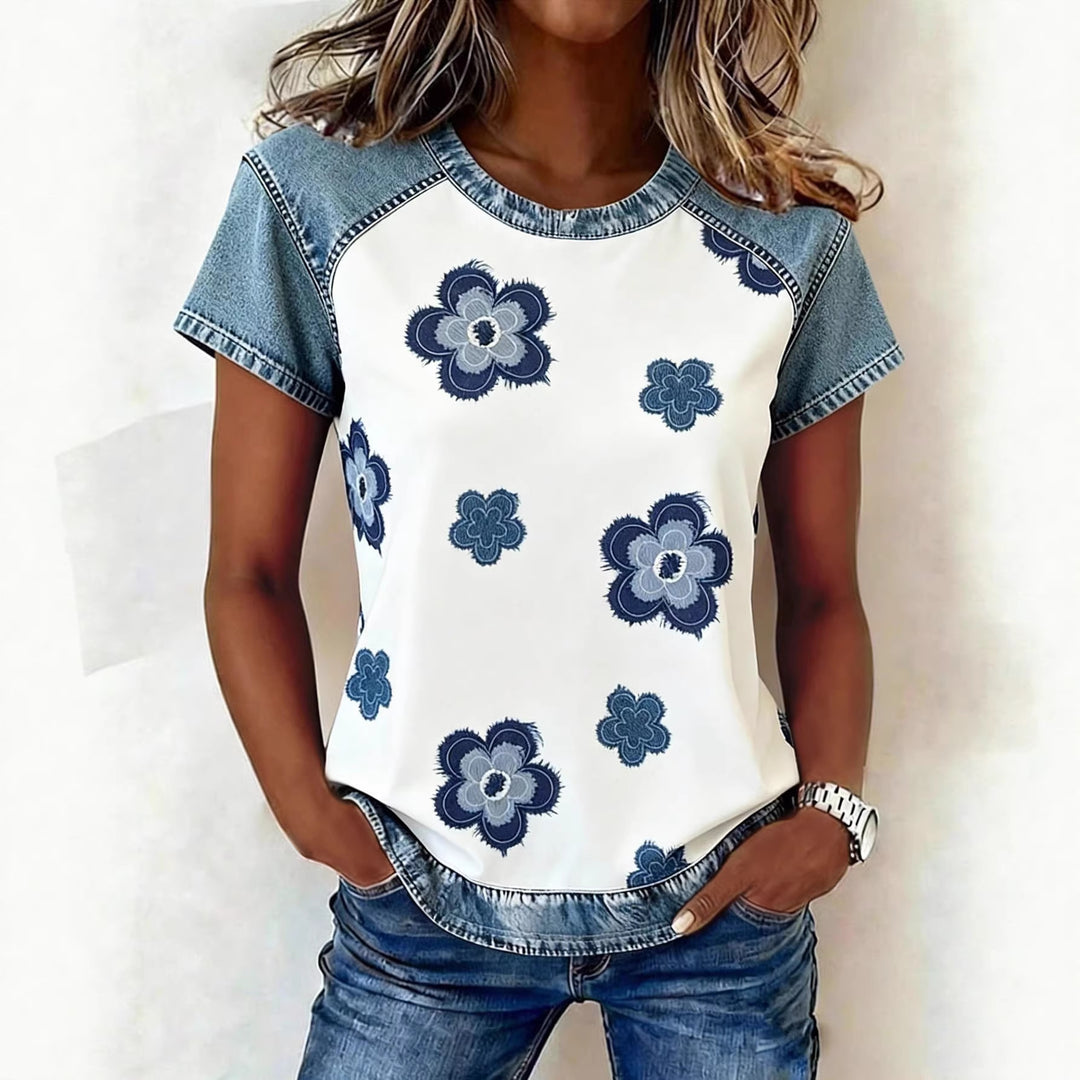 Damen Kurzarmshirt mit Jeans-Einsätzen und Teddy-Patchprint Shop Nory