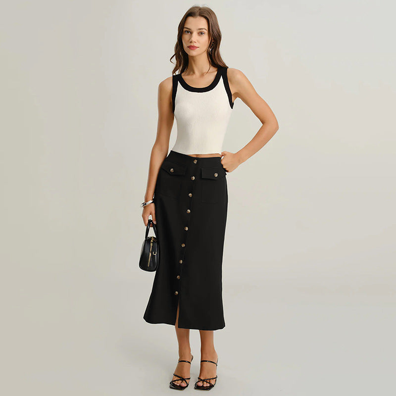 Damen Midirock mit durchgehender Knopfleiste, hoher Taille und aufgesetzten Taschen Shop Nory