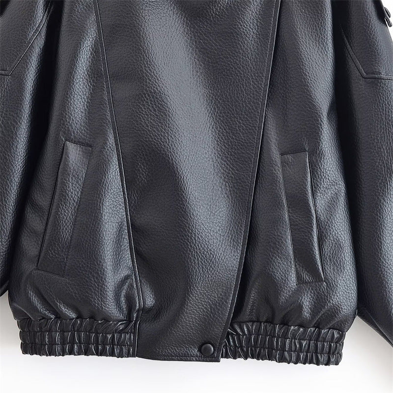 Damen Lederjacke mit hohem Stehkragen und asymmetrischer Druckknopfleiste Shop Nory