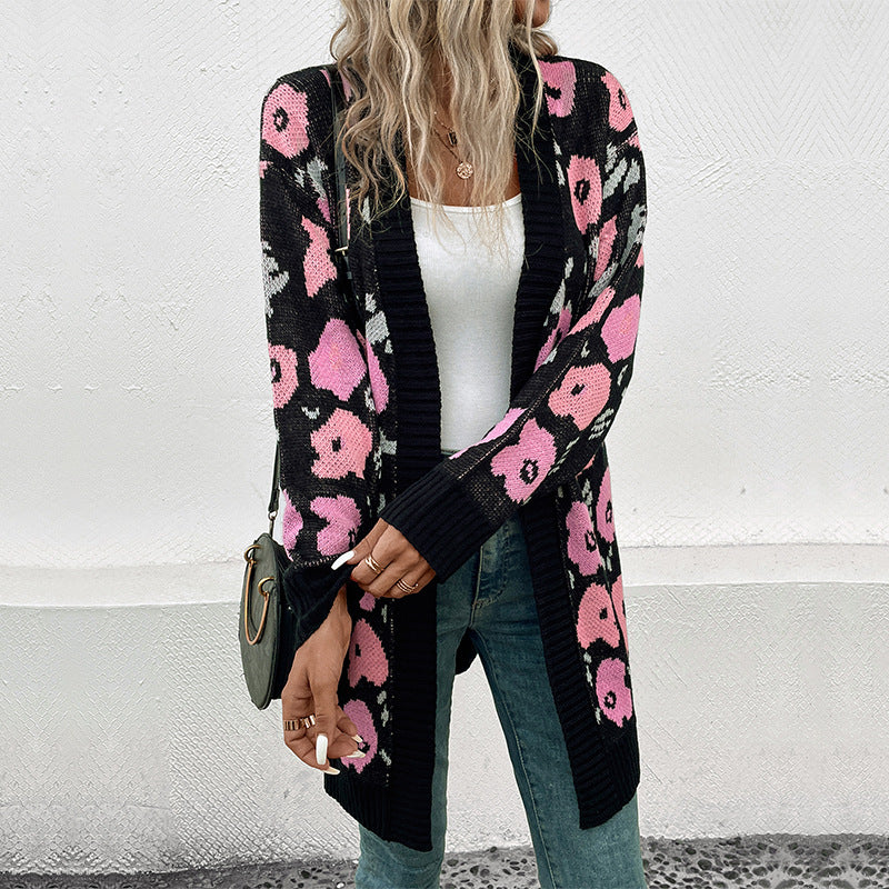 Damen Langer Strickcardigan mit Oversize-Schnitt, Animal-Jacquard und gerippten Bündchen Shop Nory