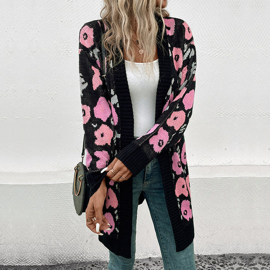 Damen Langer Strickcardigan mit Oversize-Schnitt, Animal-Jacquard und gerippten Bündchen Shop Nory