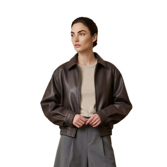 Damen Boxy-Cropped Kunstlederjacke mit verdecktem Reißverschluss und elastischem Saum Shop Nory