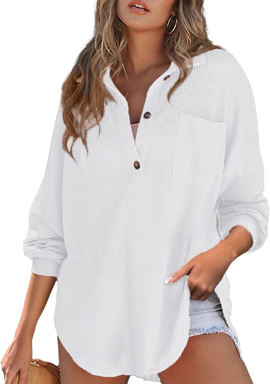 Damen Oversize Waffel-Strick Hemdtunika mit Brusttasche und Holzknöpfen Shop Nory