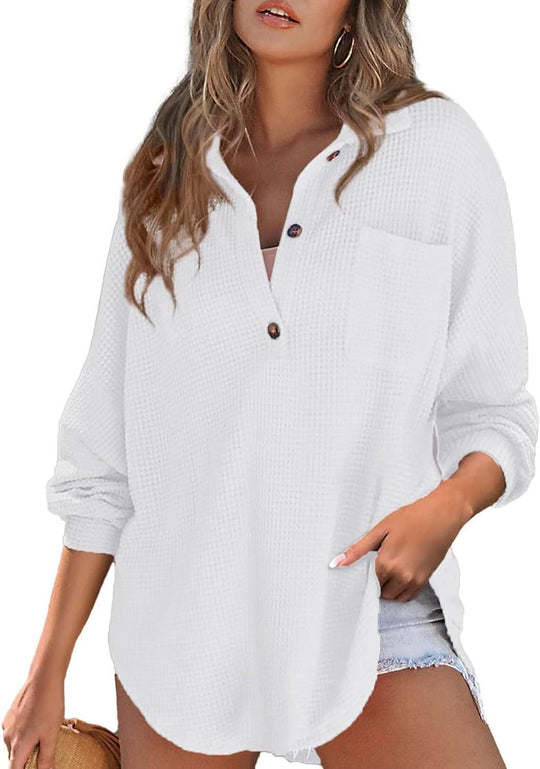 Damen Oversize Waffel-Strick Hemdtunika mit Brusttasche und Holzknöpfen Shop Nory