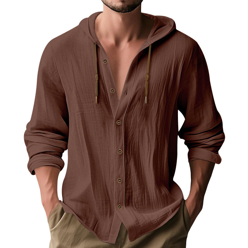 Herren nan leichtes Kapuzenhemdjacke aus Leinenoptik mit durchgehender Knopfleiste