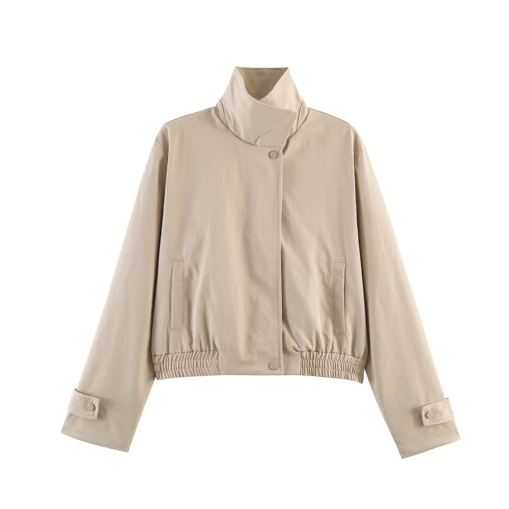 Damen Kurz geschnittene minimalistische Blousonjacke aus weichem Vegan‑Leder mit Umlegekragen und elastischem Saum Shop Nory