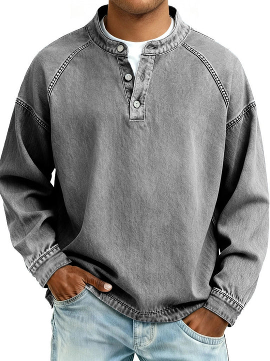 Herren nan verwaschenes Henley-Shirt mit Stehkragen, lockerer Passform und Knopfleiste Shop Nory