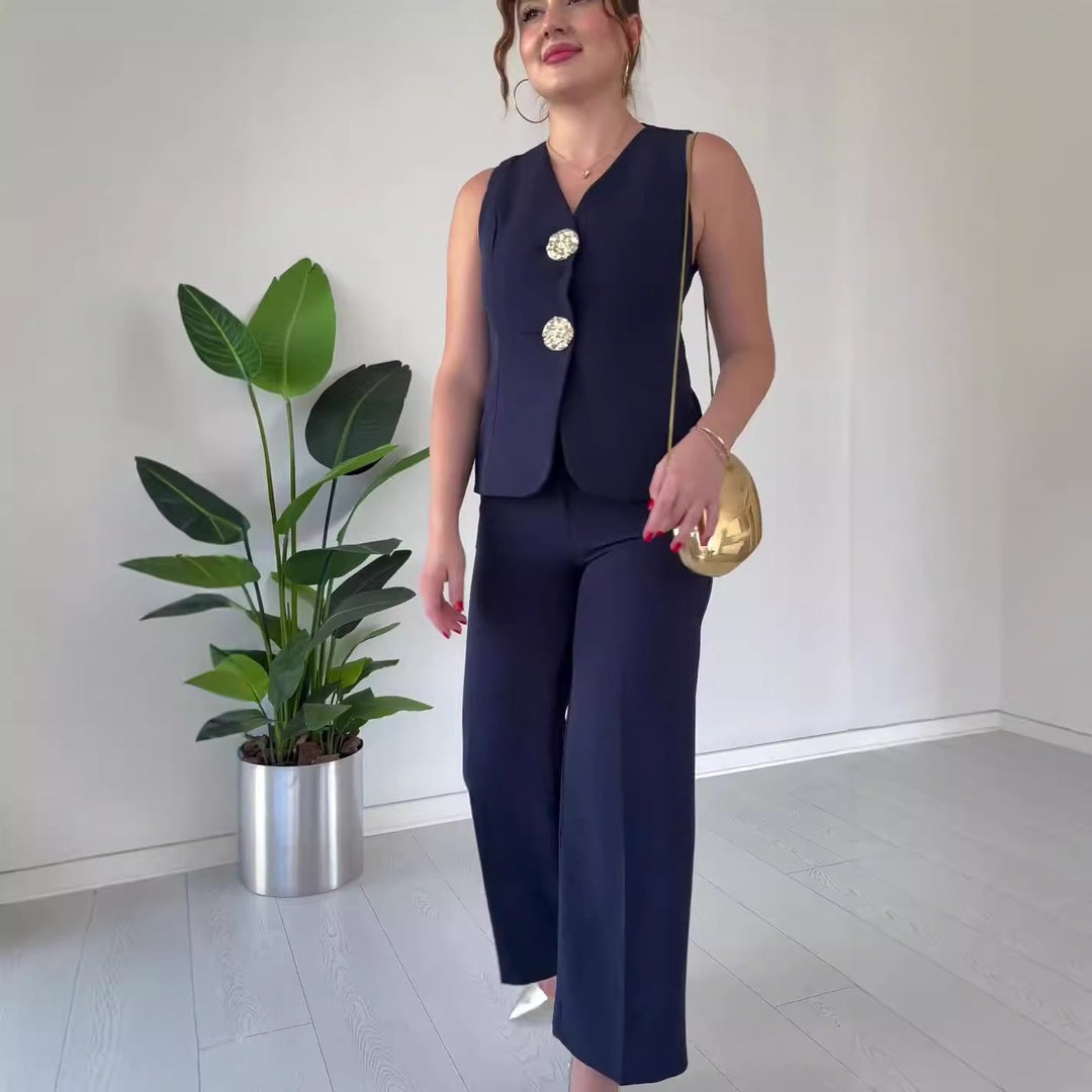 Damen Ärmelloses Tailoring-Set mit taillierter Weste, Zierknöpfen und weiter Palazzo-Hose Shop Nory