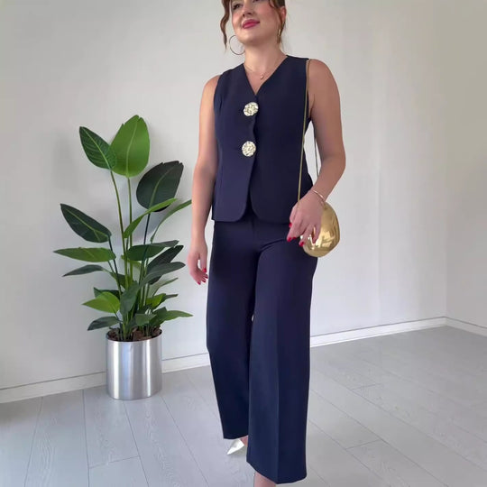 Damen Ärmelloses Tailoring-Set mit taillierter Weste, Zierknöpfen und weiter Palazzo-Hose Shop Nory