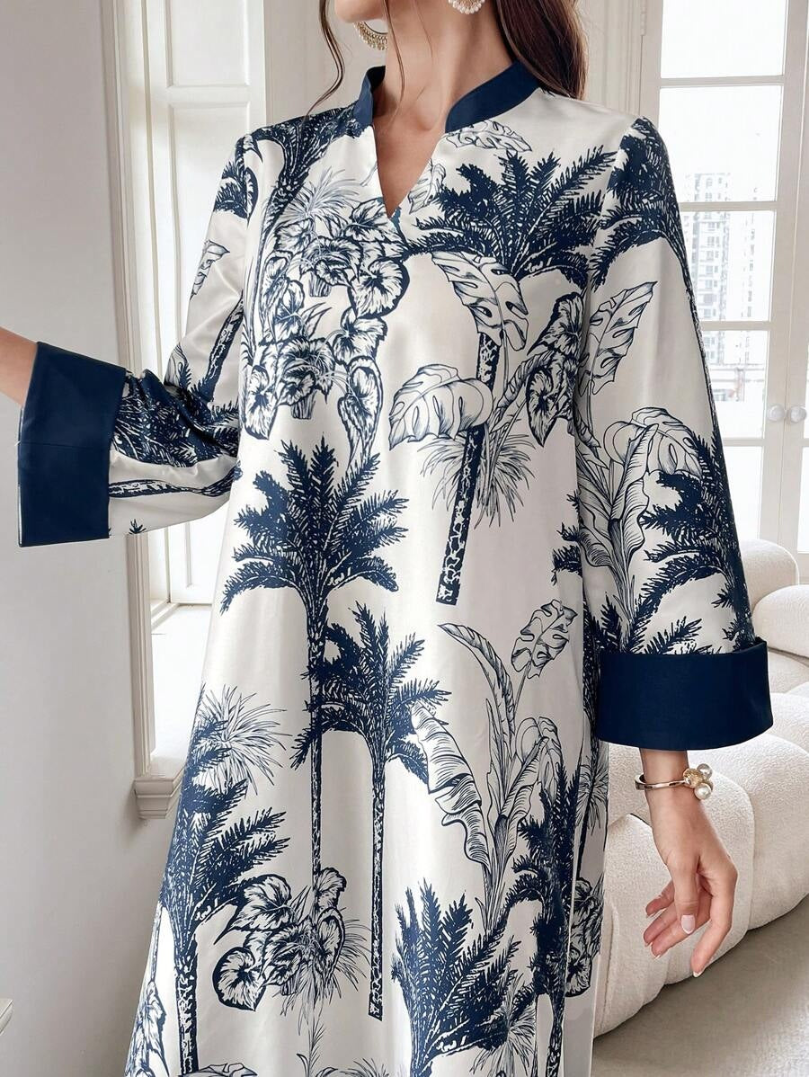 Damen Maxikleid in Satinoptik mit Palmenprint, Stehkragen und weitem 3/4-Ärmel Shop Nory