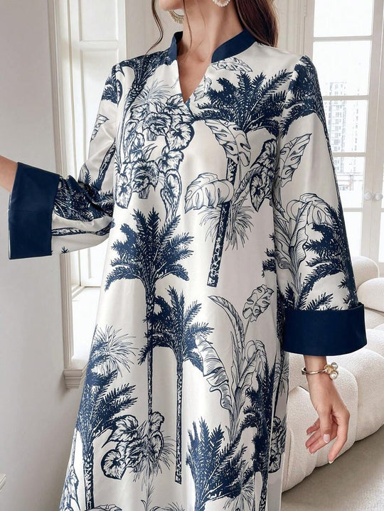Damen Maxikleid in Satinoptik mit Palmenprint, Stehkragen und weitem 3/4-Ärmel Shop Nory