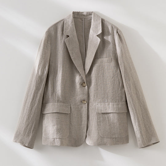 Damen Leicht strukturierter Leinenblazer mit Pattentaschen und Zwei-Knopf-Verschluss Shop Nory