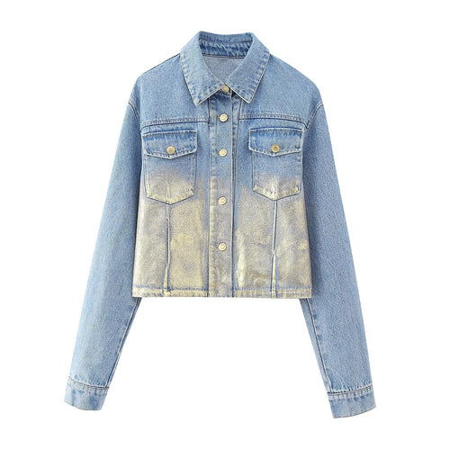 Damen Kurze Denim-Jacke mit Metallic-Finish und aufgesetzten Brusttaschen Shop Nory