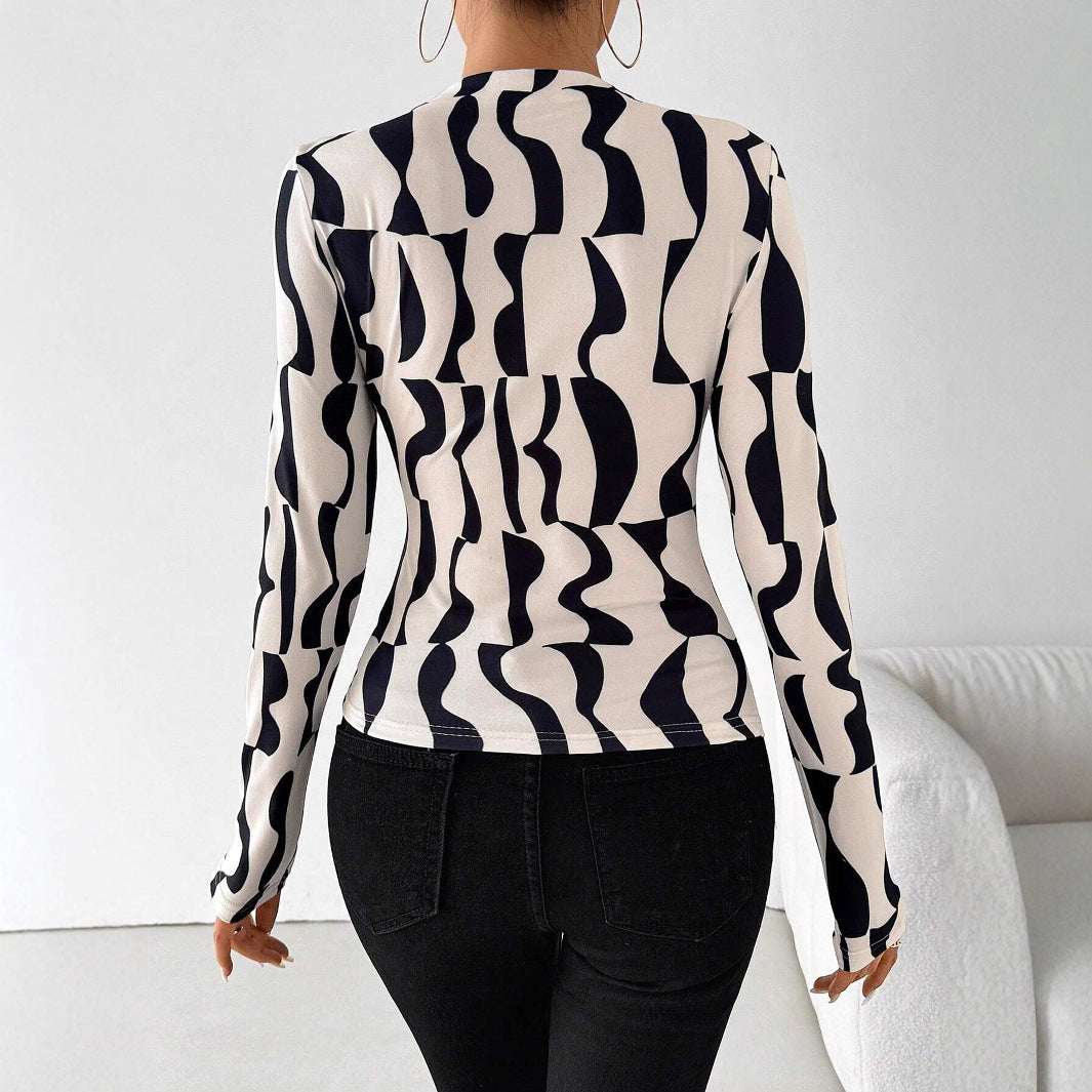 Damen nan tailliertes Langarmshirt mit seitlicher Raffung und Wasserfallausschnitt