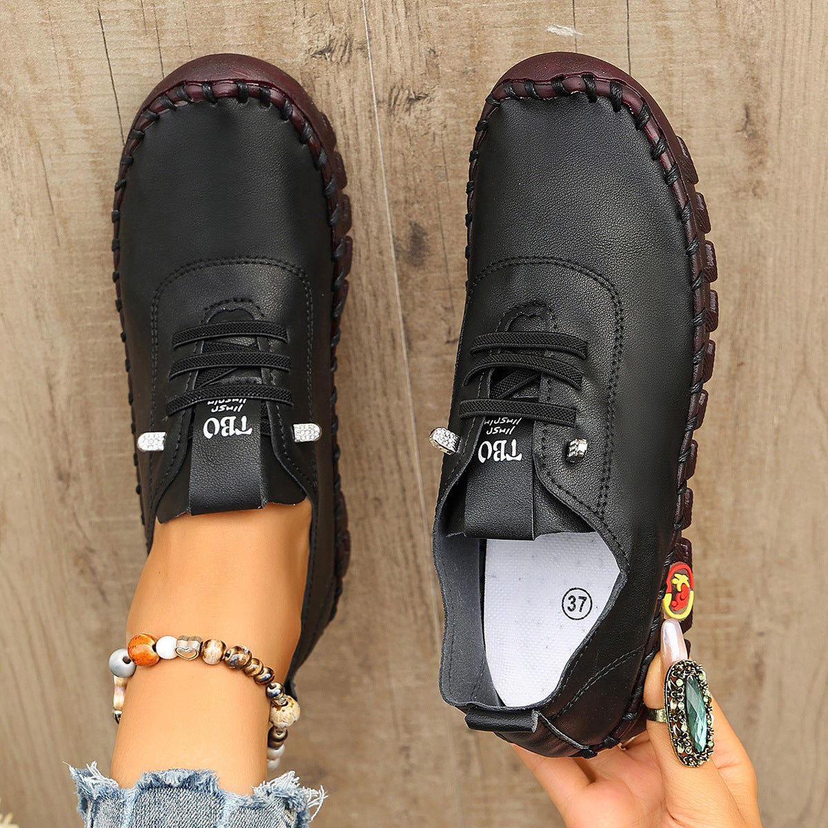 Damen Freizeit-Leder-Sneaker mit elastischen Schnürsenkeln und rutschfester Sohle