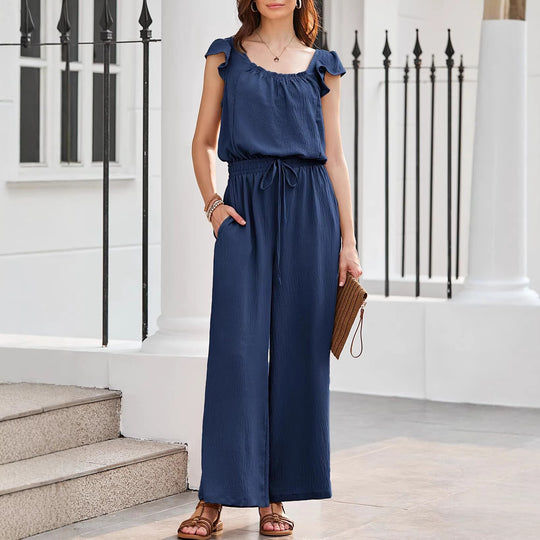 Damen Crinkle-Overall mit weitem Bein, elastischem Taillenbund und Rüschenärmeln Shop Nory