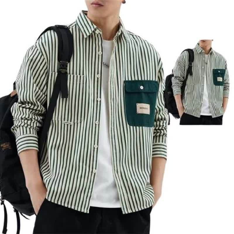 Herren Gestreiftes Overshirt im Workwear-Stil mit kontrastierter Brusttasche Shop Nory