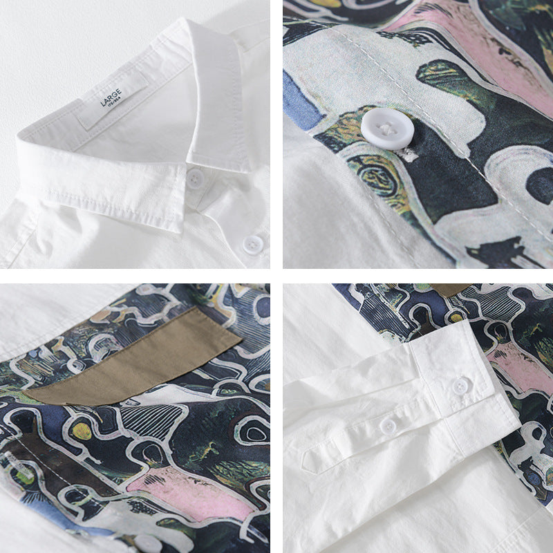 Herren Baumwollhemd mit großem Kunst-Print-Brustpatch und Kentkragen Shop Nory