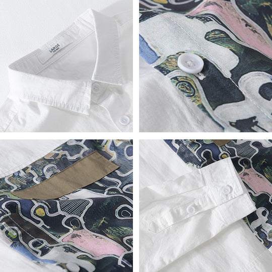 Herren Baumwollhemd mit großem Kunst-Print-Brustpatch und Kentkragen Shop Nory