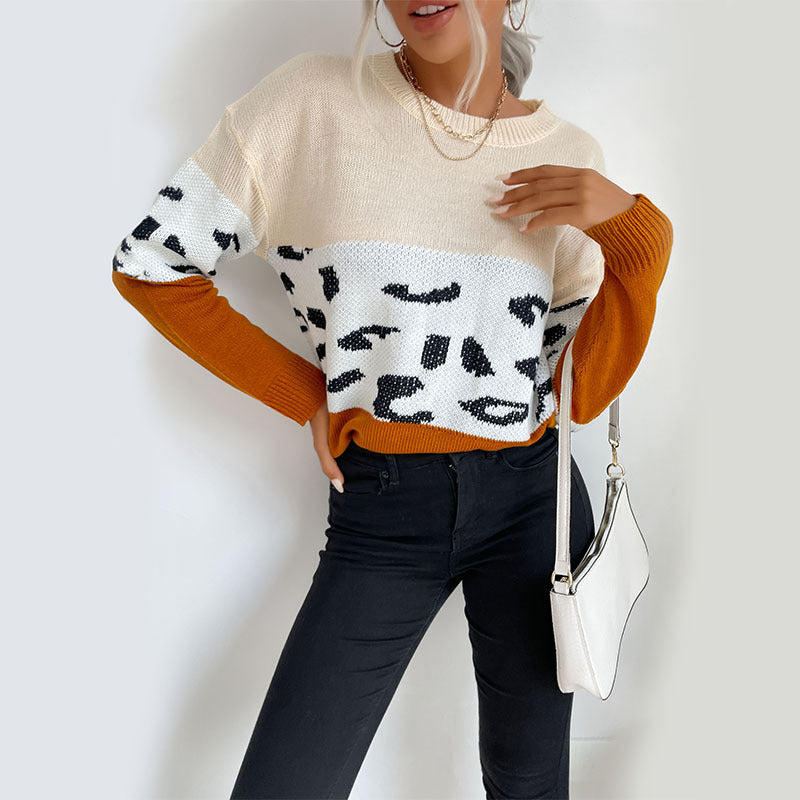 Damen Boxy-Strickpullover im Colorblock-Leopardmix mit Rundhals und gerippten Ärmeln Shop Nory