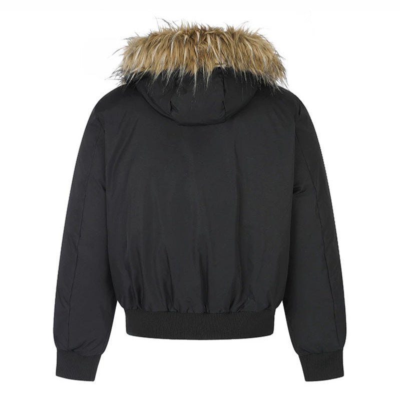 Damen wattierte kurze Bomberjacke mit abnehmbarer Kunstfellkapuze, hohem Stehkragen und Rippbündchen Shop Nory