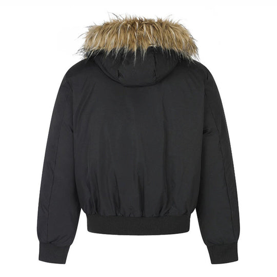 Damen wattierte kurze Bomberjacke mit abnehmbarer Kunstfellkapuze, hohem Stehkragen und Rippbündchen Shop Nory