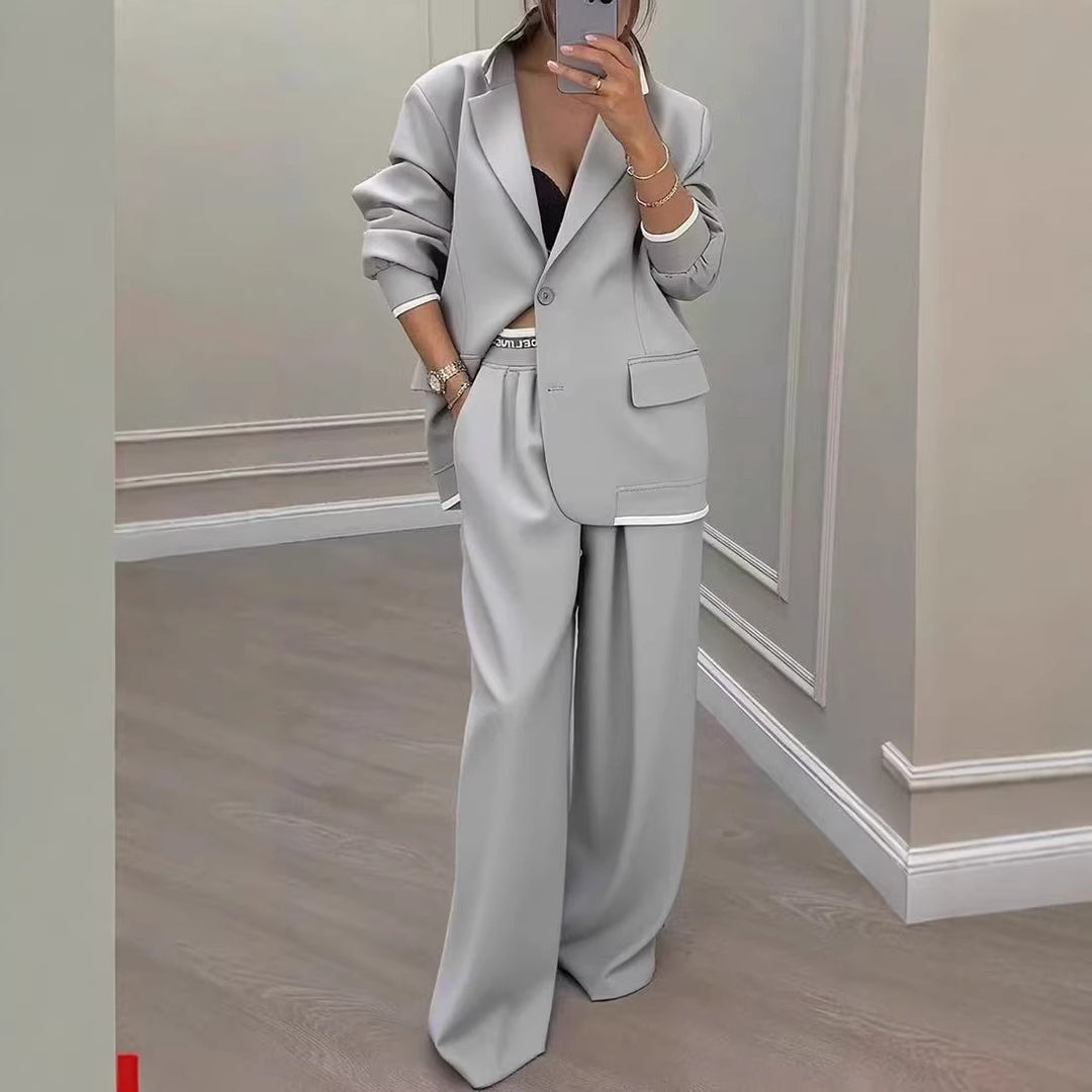 Damen Oversize-Tailoring-Set mit Kontrastpaspel, Single-Button-Blazer und hochgeschnittener Weitbeinhose Shop Nory