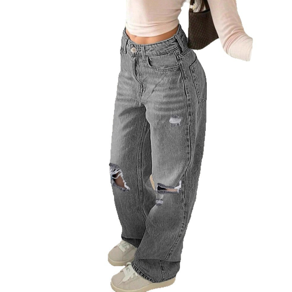 Damen Hochtaillierte weite Destroyed-Jeans mit geradem Bein Shop Nory