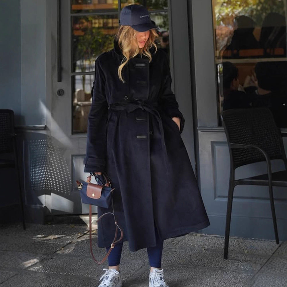 Damen langer Cord-Trenchcoat mit Bindegürtel und Oversize-Schultern Shop Nory