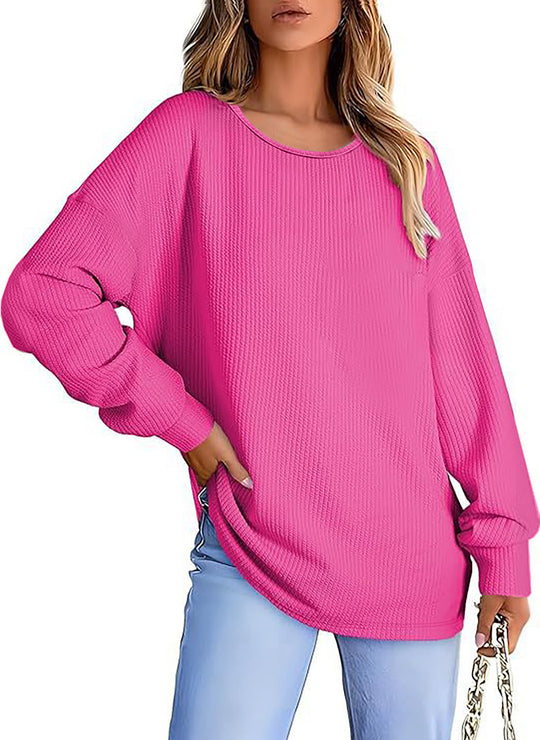 Damen Oversize Waffelstrickpullover mit Rundhals, Ballonärmeln und verlängertem Saum Shop Nory