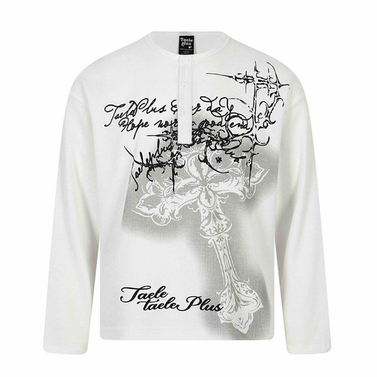 Herren Langarm-Henleyshirt mit Waffelstruktur, Knopfleiste und großflächigem Grafikprint Shop Nory