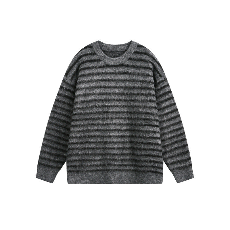 Unisex Oversize Gestreifter Flauschpullover mit Rundhalsausschnitt Shop Nory