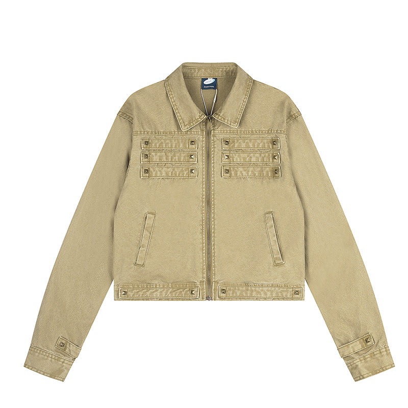Damen Kurz geschnittene Canvas-Jacke mit Hemdkragen und Pyramidennieten Shop Nory