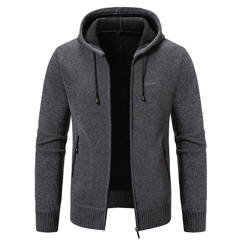 Herren warme Strickoptik-Zipjacke mit Teddyfutter, Kapuze und verdeckten Reißverschlusstaschen Shop Nory