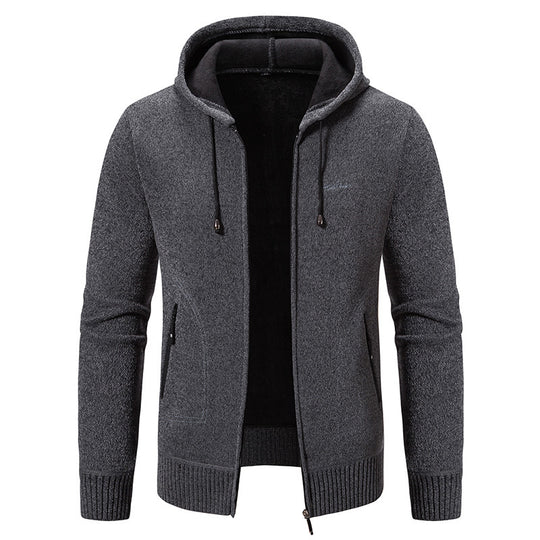 Herren warme Strickoptik-Zipjacke mit Teddyfutter, Kapuze und verdeckten Reißverschlusstaschen Shop Nory