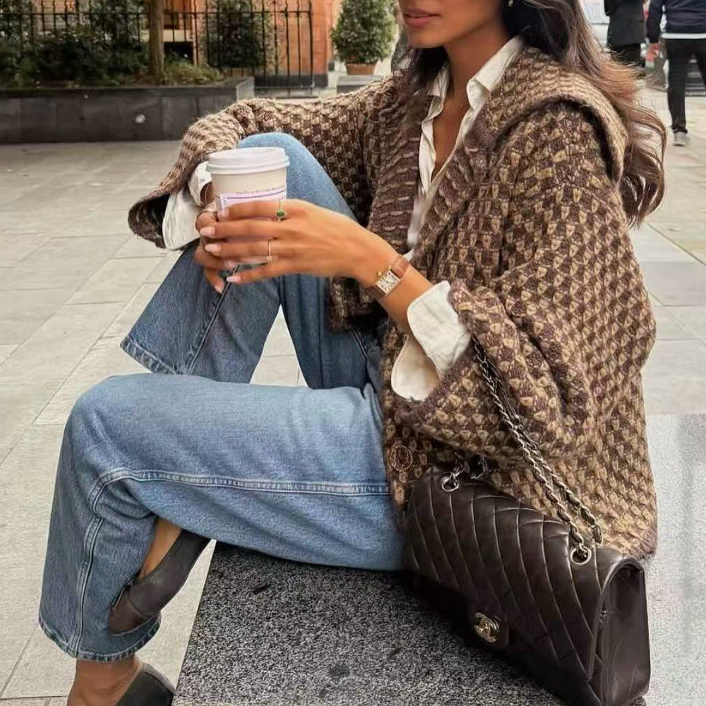 Damen Kurzjacke im Bouclé‑Waffelmuster mit großem Umlegekragen Shop Nory