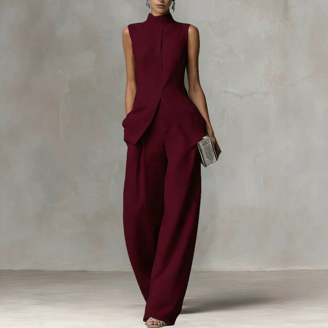 Damen Ärmelloser Leinen-Jumpsuit mit Stehkragen und weitem Bein Shop Nory