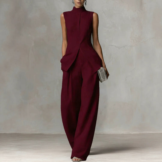 Damen Ärmelloser Leinen-Jumpsuit mit Stehkragen und weitem Bein Shop Nory
