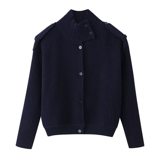 Damen Strukturstrick-Cardigan mit Stehkragen, Knopfleiste und Schulterpatten Shop Nory