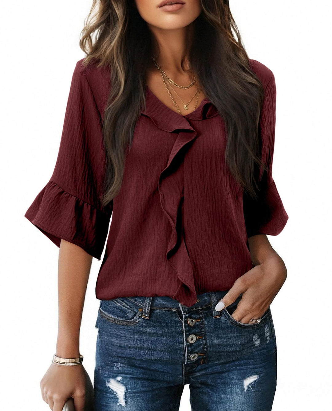 Damen Rüschenbluse mit V-Ausschnitt und Glockenärmeln Shop Nory