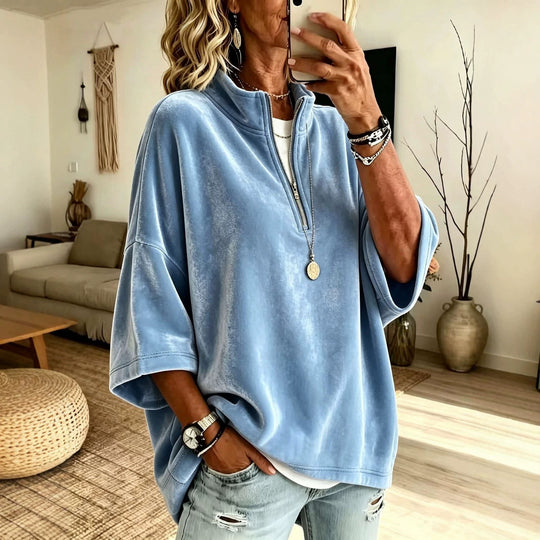 Damen Oversize Samt-Pullover mit kurzem Reißverschluss und Stehkragen Shop Nory