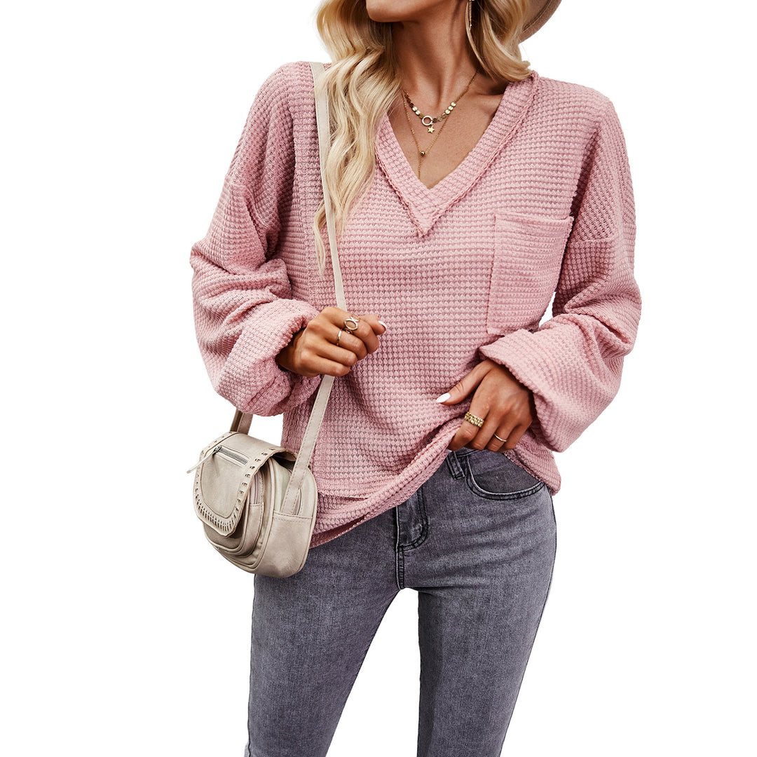 Damen nan Waffelstruktur V‑Neck Pullover mit aufgesetzter Brusttasche und überschnittenen Ärmeln Shop Nory