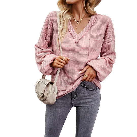Damen nan Waffelstruktur V‑Neck Pullover mit aufgesetzter Brusttasche und überschnittenen Ärmeln Shop Nory