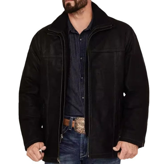 Herren Kurze Wildleder-Fieldjacke mit Stehkragen, verdecktem Reißverschluss und markanten Ziernähten Shop Nory