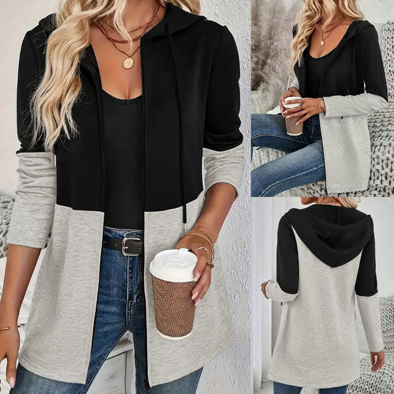 Damen Kapuzen-Sweatjacke mit Colorblock, Reißverschluss und lässiger Longline-Silhouette Shop Nory