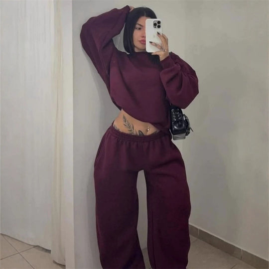 Damen Cropped-Sweatshirt mit hohem Rundhalsausschnitt und elastischer Tunnelzug Wide-Leg Jogginghose Set Shop Nory