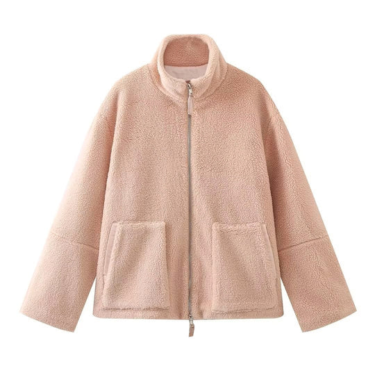 Damen Oversize Teddy-Fleecejacke mit Stehkragen und aufgesetzten Taschen Shop Nory