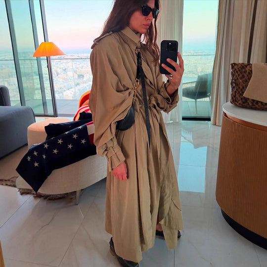 Damen Oversize-Trenchcoat mit voluminösen Ballonärmeln, Kordelzug und abnehmbarer Kapuze Shop Nory