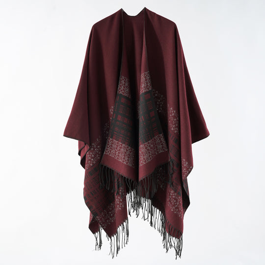 Damen Wollmix-Schulterponcho mit Jacquardmuster und Fransensaum Shop Nory