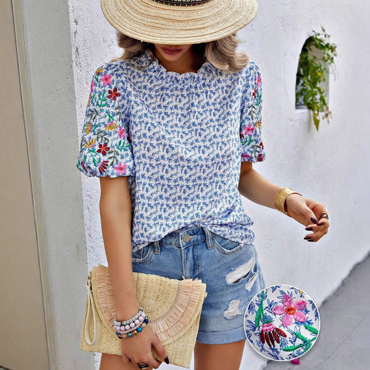 Damen Geblümte Bluse mit bestickten Puffärmeln und gewelltem Ausschnitt Shop Nory